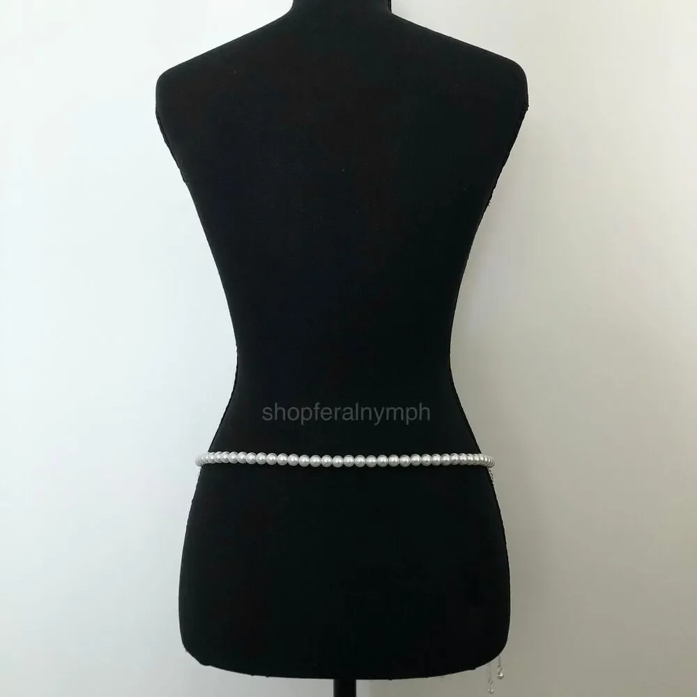 Y2K Coquette White Faux Pearl Layered Draped Chain Belt, 31.5 Inches, X7GA1139